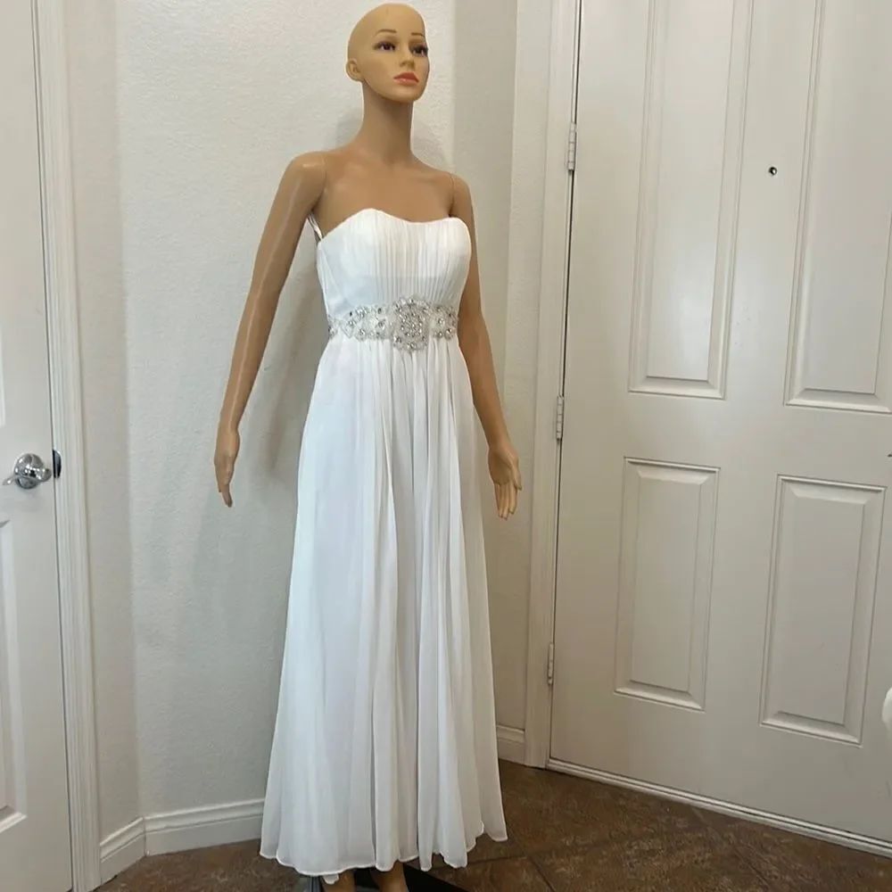 Aspeed USA White Silver Dress Size XS Hand Beaded Strapless Maxi Wedding Evening